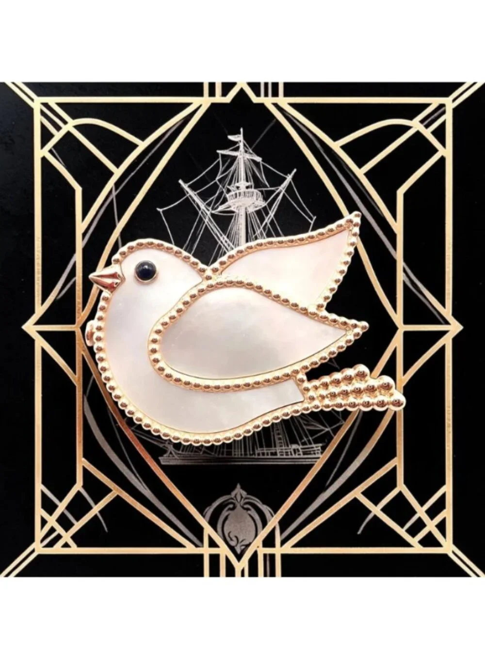Van Cleef & Arpels Lucky Animals Dove 18k Rose Gold MOP Onyx Brooch Cert.